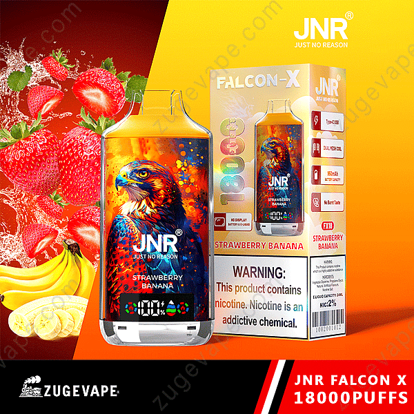 Jnr Falcon X Vape Fraise Banane avec un design Hawk coloré, un emballage et des graphismes de fruits.