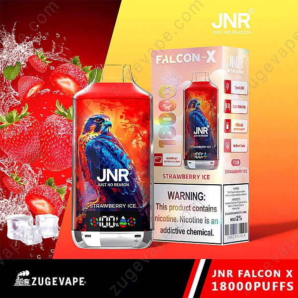 Emballage du produit Jnr Falcon X Vape avec un design au goût de glace à la fraise et un avertissement concernant la nicotine.