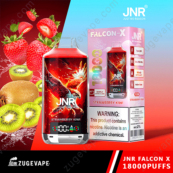 Vape jetable Jnr Falcon X avec 18 000 bouffées au goût de fraise et de kiwi, montrant un motif de phénix rouge sur l'appareil, entouré de fraises et de kiwis ; l'emballage comprend un avertissement concernant la nicotine.
