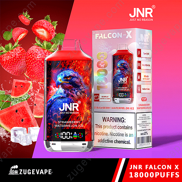 Texte alternatif : « Emballage de la vape Jnr Falcon X avec des images de fraise et de pastèque, avec un avertissement sur la teneur en nicotine. »