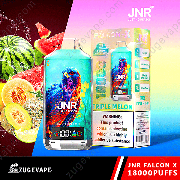 Vape jetable Jnr Falcon X avec un design de faucon coloré, étiqueté saveur « Triple Melon », avec 18 000 bouffées et un avertissement de nicotine.