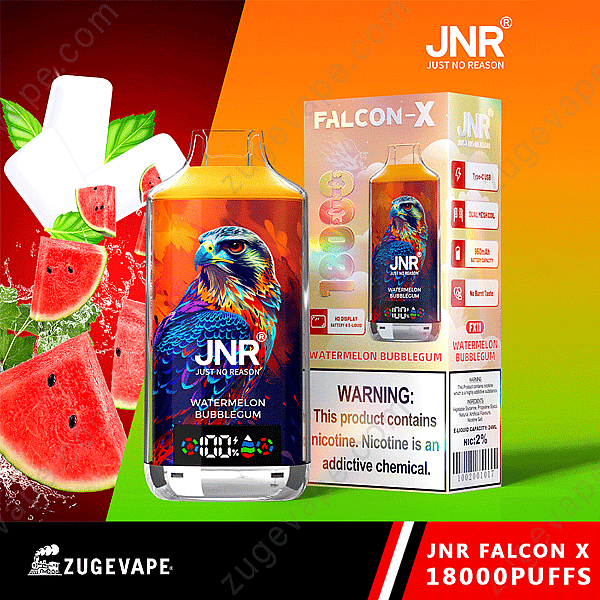 Emballage de vape Jnr Falcon X 18000 Puffs avec un design d'oiseau coloré et une saveur de chewing-gum à la pastèque.