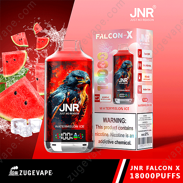 Emballage de l'appareil Vape Jnr Falcon X avec une saveur de glace à la pastèque et une image d'un faucon.