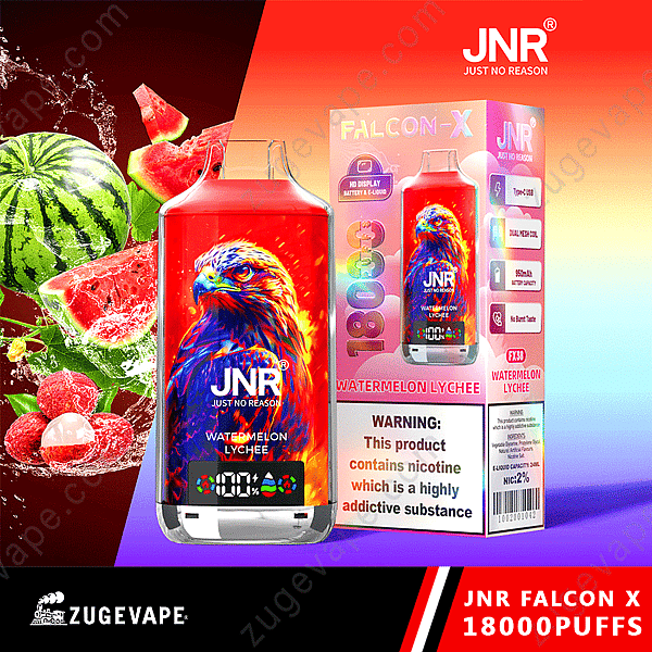 Emballage de Jnr Falcon X Vape avec saveur pastèque et litchi, avec illustration d'aigle colorée et spécifications du produit.