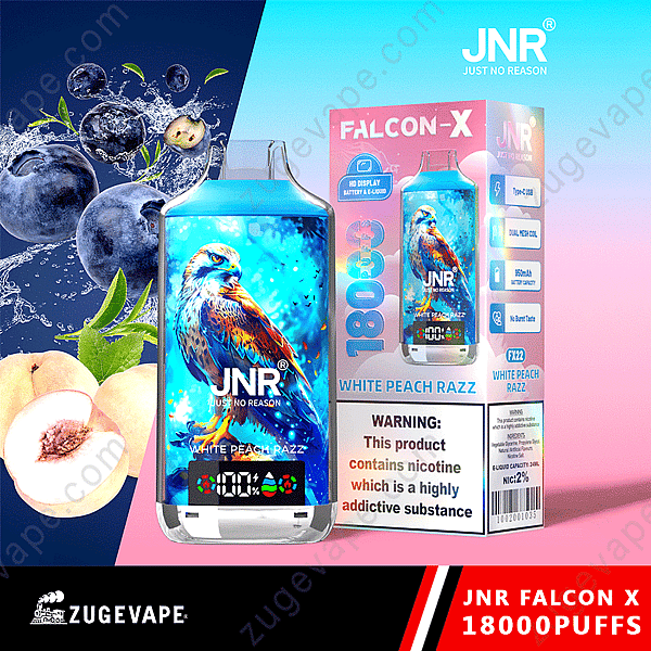Appareil à vapotage et emballage Jnr Falcon X 18000 Puffs présentant une illustration de faucon, avec des graphismes de pêche blanche et de framboise.
