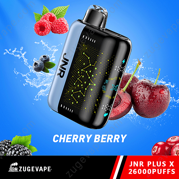 Appareil à vapotage junior avec graphismes de fruits et d'éclaboussures, étiqueté « Cherry Berry » et « 26 000 bouffées ».