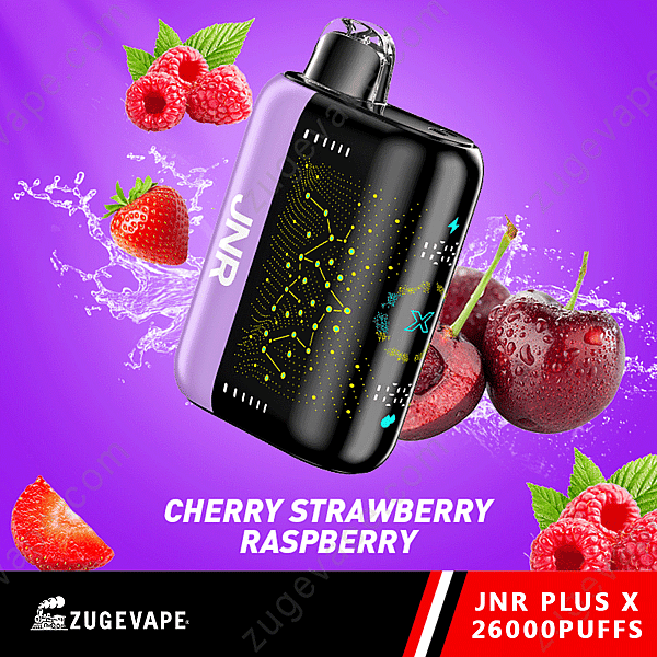 Image d'un appareil Jnr Vape au goût de cerise, de fraise et de framboise, avec des touches de fruits et le texte « Cerise, fraise, framboise » et « Jnr Plus X 26 000 bouffées » sur un fond violet.
