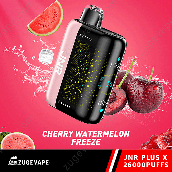 Appareil à vapotage au goût de cerise et de pastèque glacée, avec des graphismes de fruits et une étiquette de 26 000 bouffées.