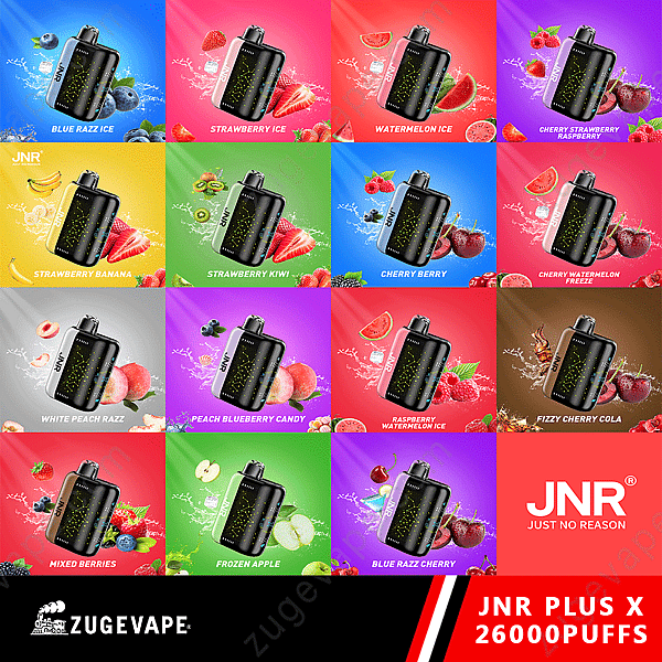 Gamme de produits Vape Jnr Plus X dans diverses saveurs et arrière-plans colorés, y compris Blue Razz Ice, Strawberry Ice et plus encore, avec la marque Zugevape et le texte indiquant « Jnr Plus X 26000 Puffs ».