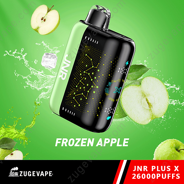 Appareil à vapotage avec étiquette « Jnr », entouré de pommes vertes et de glace, avec le texte « Pomme congelée » et « Zugevape Jnr Plus X 26000 bouffées ».
