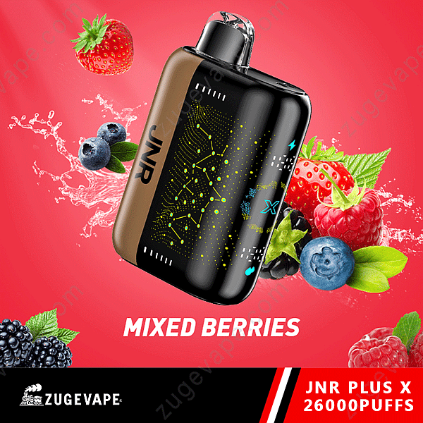 Appareil Vape Jnr Plus X avec un thème de saveur de baies mélangées, comprenant des fraises, des myrtilles, des framboises et des mûres sur un fond rouge.