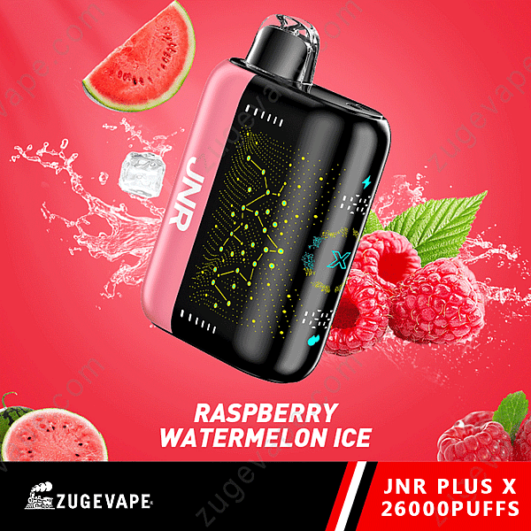 Appareil à vapotage Jnr Plus X avec saveur de glace à la framboise et à la pastèque, ainsi que des graphismes de fruits et de glaçons.