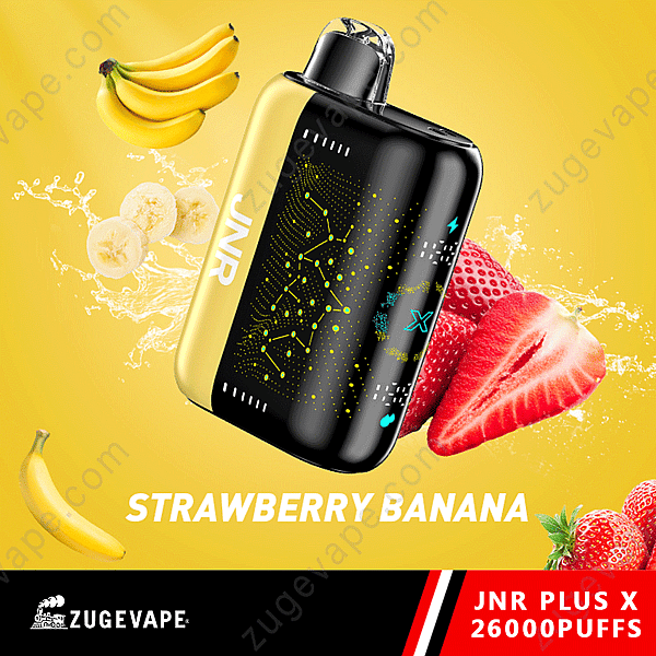 Un appareil à vapotage avec des graphismes fruités, le texte « Fraise Banane » et « Jnr Plus X 26 000 bouffées ».
