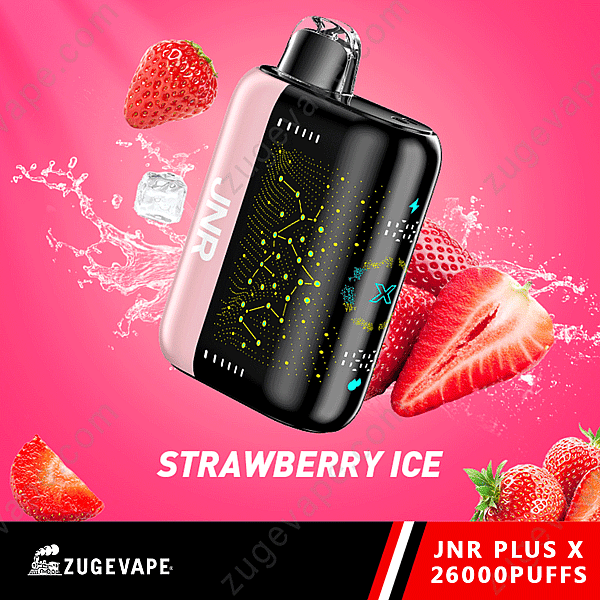 Image d'un appareil à vapotage au goût de glace à la fraise, avec des fraises et des glaçons, accompagné d'un texte annonçant « Jnr Plus X 26000 Puffs » et « Zugevape ».