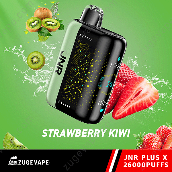 Une vape aromatisée à la fraise et au kiwi avec la marque « Jnr », entourée d'images de kiwi et de fraise, étiquetée « Jnr Plus X 26000 Puffs ».