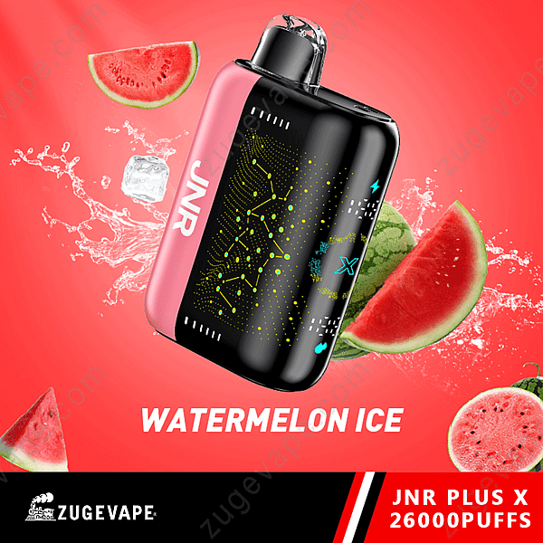 Appareil à vapotage au design saveur glace pastèque, avec éclaboussures d'eau et tranches de pastèque.