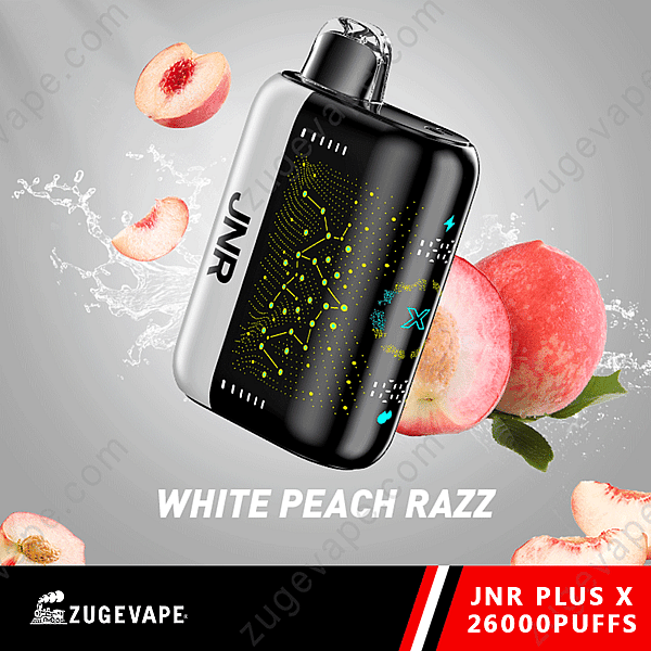 Appareil à vapotage Jnr Plus X avec graphismes pêche blanche, étiqueté « White Peach Razz » et « 26 000 bouffées ».