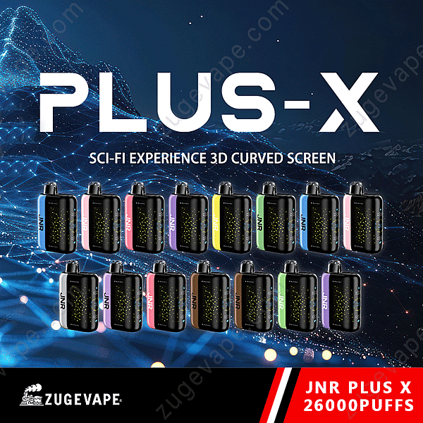 « Jnr Plus X 26000 Puffs » présente une série de fumeurs colorés avec des écrans incurvés 3D, des arrière-plans sur le thème de la science-fiction et le texte « 26000 Puffs ».