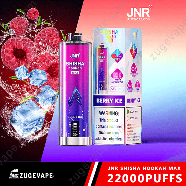 Narghilè Jnr Shisha Hookah Max Berry Ice Vape con confezione, caratterizzato da lamponi e cubetti di ghiaccio.