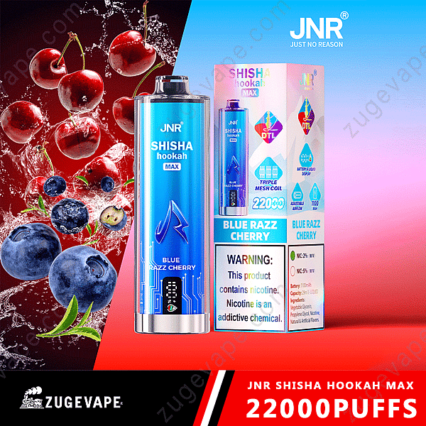 Confezione per narghilè Jnr Shisha Hookah Max Blue Razz Cherry Vape con immagini di frutta e avvertenze sulla nicotina.
