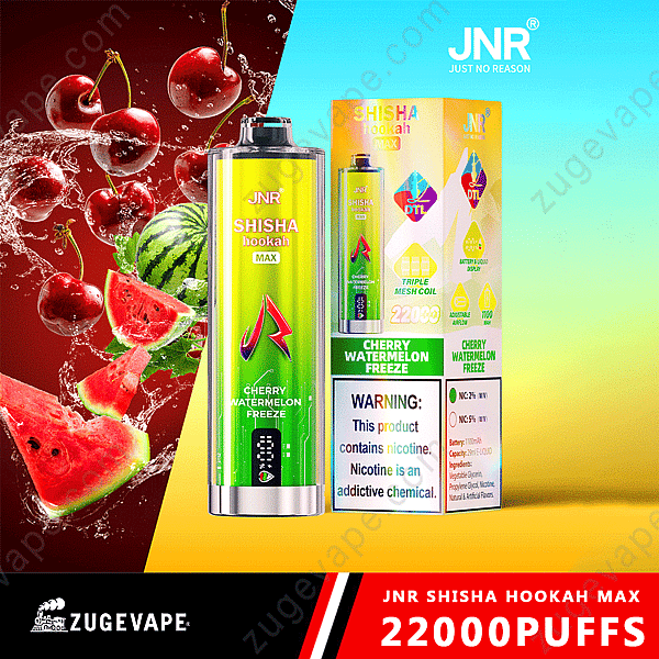 Confezione per narghilè Jnr Shisha Hookah Max Vape al gusto di ciliegia e anguria con etichetta di avvertenza sulla nicotina.