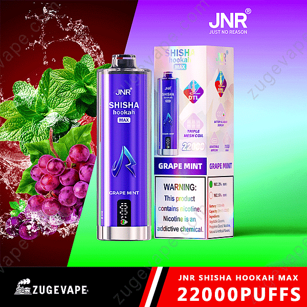 Un'immagine promozionale di Jnr Shisha Hookah Max al gusto di uva e menta, raffigurante un grande dispositivo per svapare e una confezione con uva e foglie di menta sullo sfondo.
