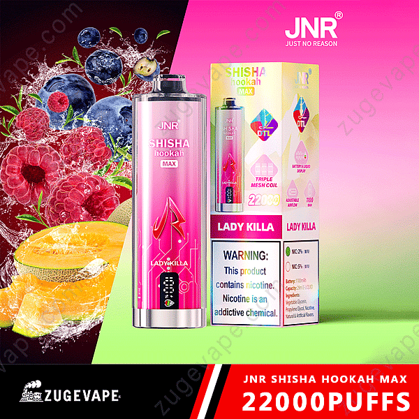Immagine promozionale del narghilè Jnr Shisha Hookah Max Lady Killa Flavor con frutta e confezione del prodotto, con in evidenza "22000 boccate" e un avviso sulla nicotina.