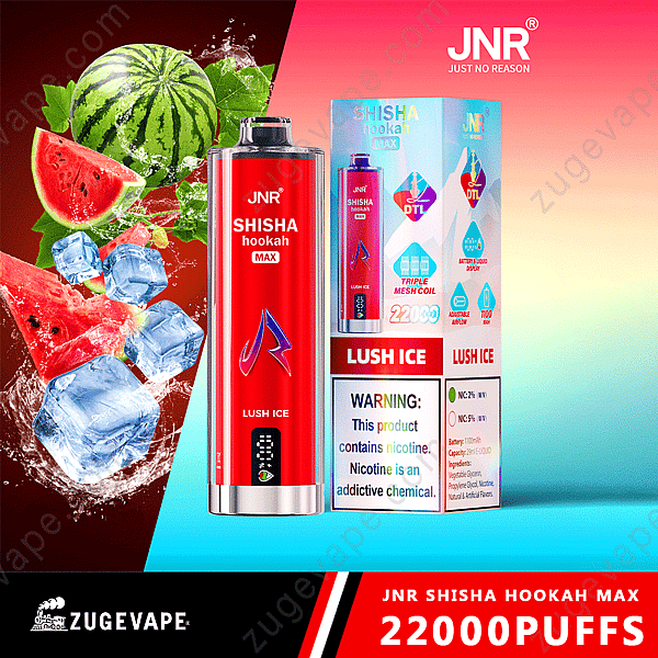 Narghilè Red Jnr Shisha Hookah Max con grafica "anguria e ghiaccio", aroma "Lush Ice", 2200 boccate e avvertenza sulla nicotina.