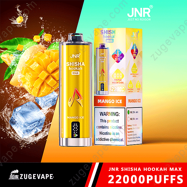 Immagine di un dispositivo per svapo Jnr Shisha Hookah Max al gusto di ghiaccio al mango, con un'immagine di mango a fette e cubetti di ghiaccio. La confezione mostra i dettagli del prodotto, tra cui 22.000 boccate e un avviso di nicotina.