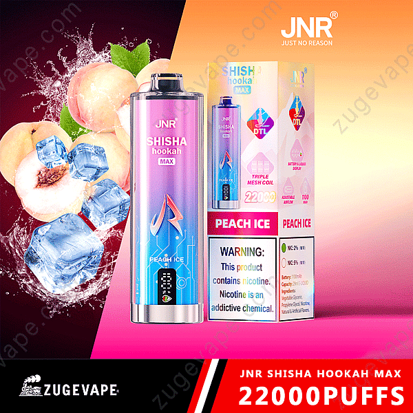 Jnr Shisha Hookah Max Peach Ice Vape, con 22.000 boccate, immagini di pesca e ghiaccio e un'etichetta di avvertenza sulla nicotina accanto alla confezione.