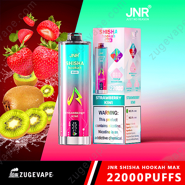 Confezione per Jnr Shisha Hookah Max Vape con immagini di fragole e kiwi, etichetta "22000 boccate" e avvertenza sulla nicotina.