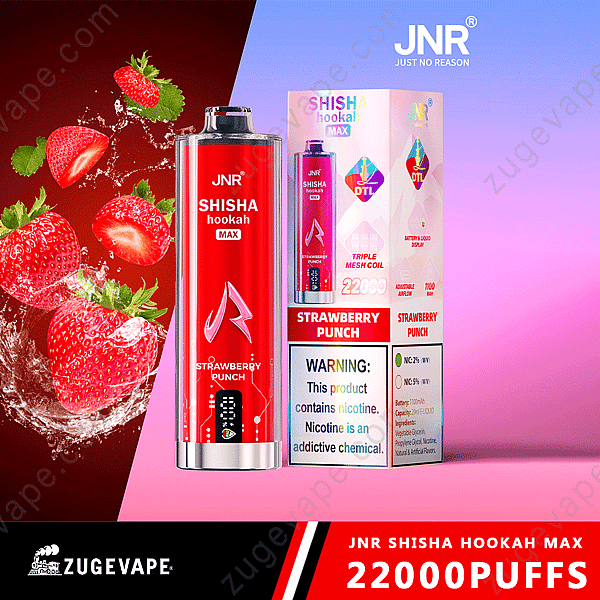Immagine di un dispositivo di svapo Jnr Shisha Hookah Max con tema fragola, pubblicizzato come in grado di fornire 22.000 boccate. La confezione presenta un avviso sul contenuto di nicotina.