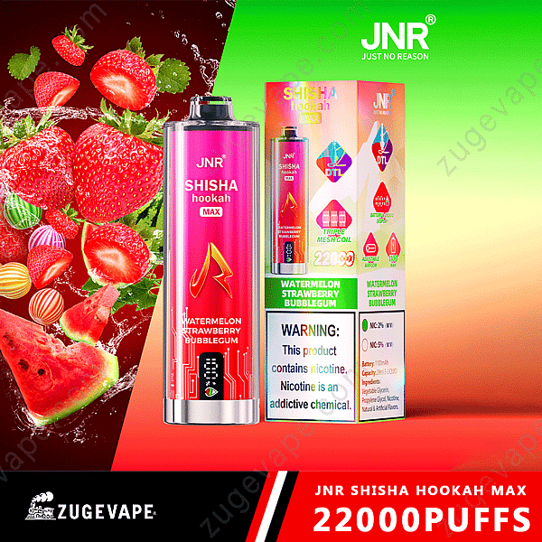 Confezione colorata di Jnr Shisha Hookah Max con immagini di fragole, anguria e gomma da masticare, con il gusto "anguria, fragola e gomma da masticare" e testo che evidenzia 22.000 boccate.
