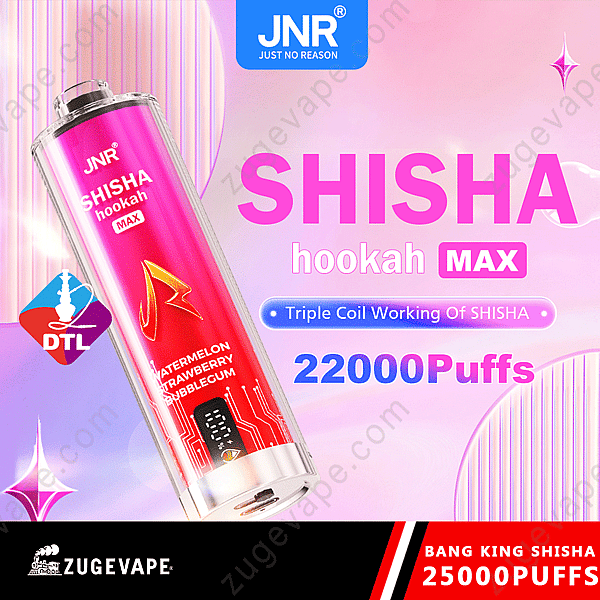Pubblicità di Jnr Shisha Hookah Max 22000 Puffs che presenta uno svapo ai gusti anguria, fragola e gomma da masticare, con 22.000 tiri.
