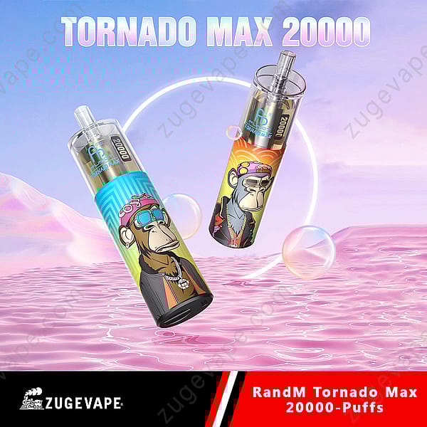 Bild av två Randm Tornado Max 20000 Puff Vape-pennor med färgglada mönster med apaillustrationer i tecknad stil.