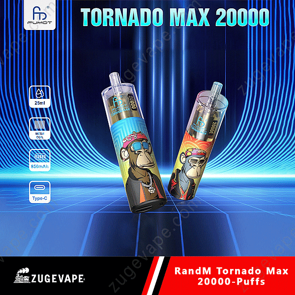 Randm Tornado Max 20000-Puffs vape-enheter med färgglada apadesigner, med specifikationer som 25 ml kapacitet, mesh-spole, 850 mah batteri och typ-C-port; Märkes av Zugevape.