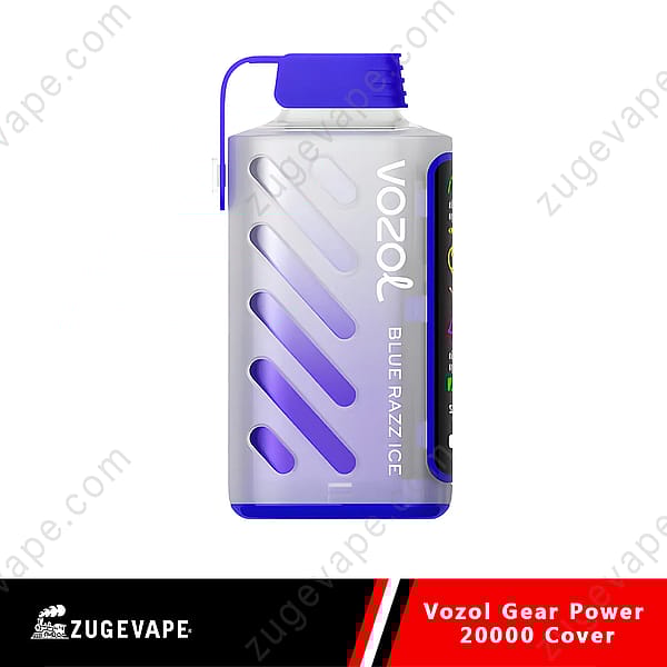 Dispositivo per svapare Vozol Gear Power 20000 Blue Razz Ice con cover protettiva, caratterizzato da un design traslucido e dettagli blu.