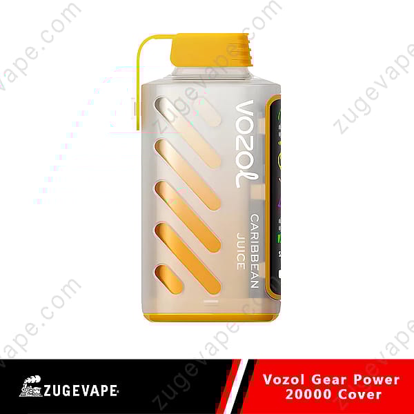 Cover per dispositivo di svapo Vozol Gear Power 20000 in giallo con design a intaglio diagonale e scritta &quot;Caribbean Juice&quot;.