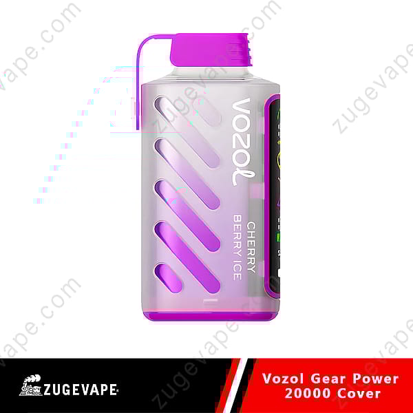 Un dispositivo per svapare Vozol Gear Power 20000 viola con rivestimento traslucido, fessure diagonali e testo con il sapore "Cherry Berry Ice".