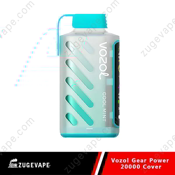 Un dispositivo per svapare Vozol Gear Power 20000 color turchese con un design dal fresco sapore di menta, caratterizzato da una custodia traslucida e dettagli ritagliati in diagonale.