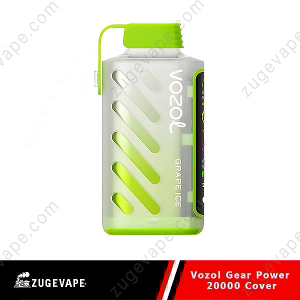 Un dispositivo per svapare trasparente e verde con un design a strisce diagonali, etichettato &quot;Vozol Grape Ice&quot; e dotato di tappo e marchio verdi.