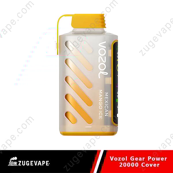 Sigaretta elettronica monouso Vozol Gear Power 20000 trasparente, gialla e bianca, con marchio "Mexican Mango Ice" e design con ritaglio diagonale.