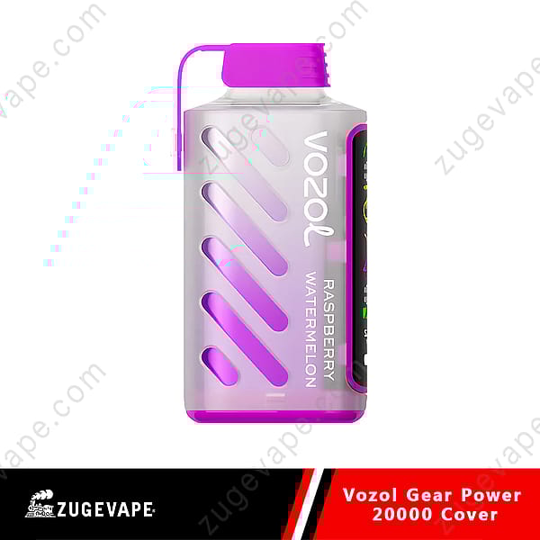 Cover viola e trasparente per il dispositivo di svapo Vozol Gear Power 20000 con design a ritaglio diagonale e marchio "Raspberry Watermelon".