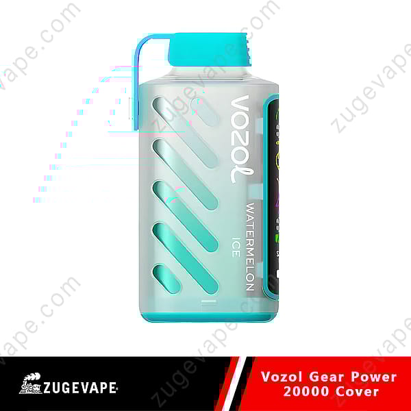 Un dispositivo per svapare Vozol Gear Power 20000 color turchese con involucro trasparente, fessure diagonali e marchio &quot;Watermelon Ice&quot;.