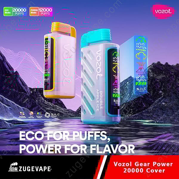 Un'immagine promozionale dei dispositivi per svapo usa e getta Vozol Gear Power 20000, caratterizzati da un design colorato con etichette per la modalità Eco (20.000 tiri) e la modalità Power (12.000 tiri), su uno sfondo futuristico di montagne e acqua.