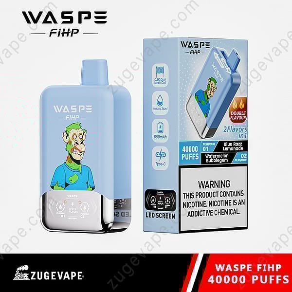 A Blue Waspe Fihp Disposable Vape Device And Packaging Displaying 40,000 Puffs, Dual Flavors (Blue Razz Lemonade And Watermelon Bubblegum), Led Screen, And Nicotine Warning.