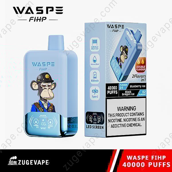 A Blue Disposable Vape Device And Packaging Featuring A Cartoon Monkey In A Uniform, Labeled &Quot;Waspe Fihp,&Quot; Offering 40,000 Puffs With Two Flavors: Blueberry Ice And Black Dragon Ice, Alongside A Nicotine Warning.