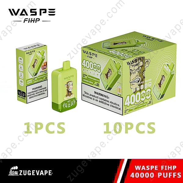 Green Waspe Fihp Disposable Vape With 40000 Puffs, Watermelon Ice And Lemon Lime Flavors, Featuring Packaging For Single And 10-Piece Packs, And Nicotine Warning Labels.