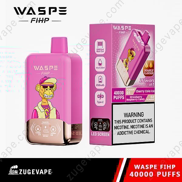 Pink Waspe Fihp Disposable Vape Device With 40,000 Puffs, Dual Flavors (Cherry Cola Ice And Strawberry Raspberry Candy), 850Mah Battery, 36Ml Volume, Type-C Charging, Led Screen, And A Cartoon Monkey Design On The Front.