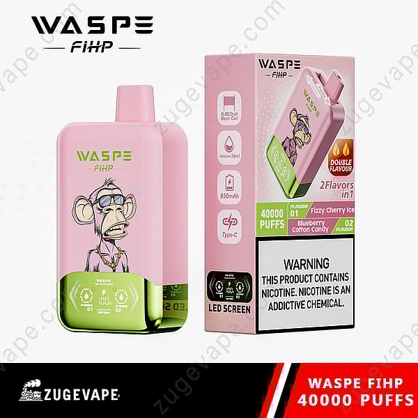 A Pink And Green Vape Device Labeled &Quot;Waspe Fihp&Quot; With 40,000 Puffs, Double Flavors, Led Screen, And Nicotine Warning On The Packaging.